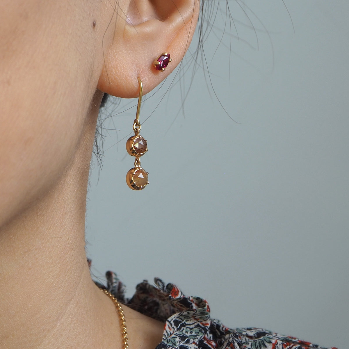 Rose-cut Diamonds Drop Earrings (Rose-Yellow diamonds)